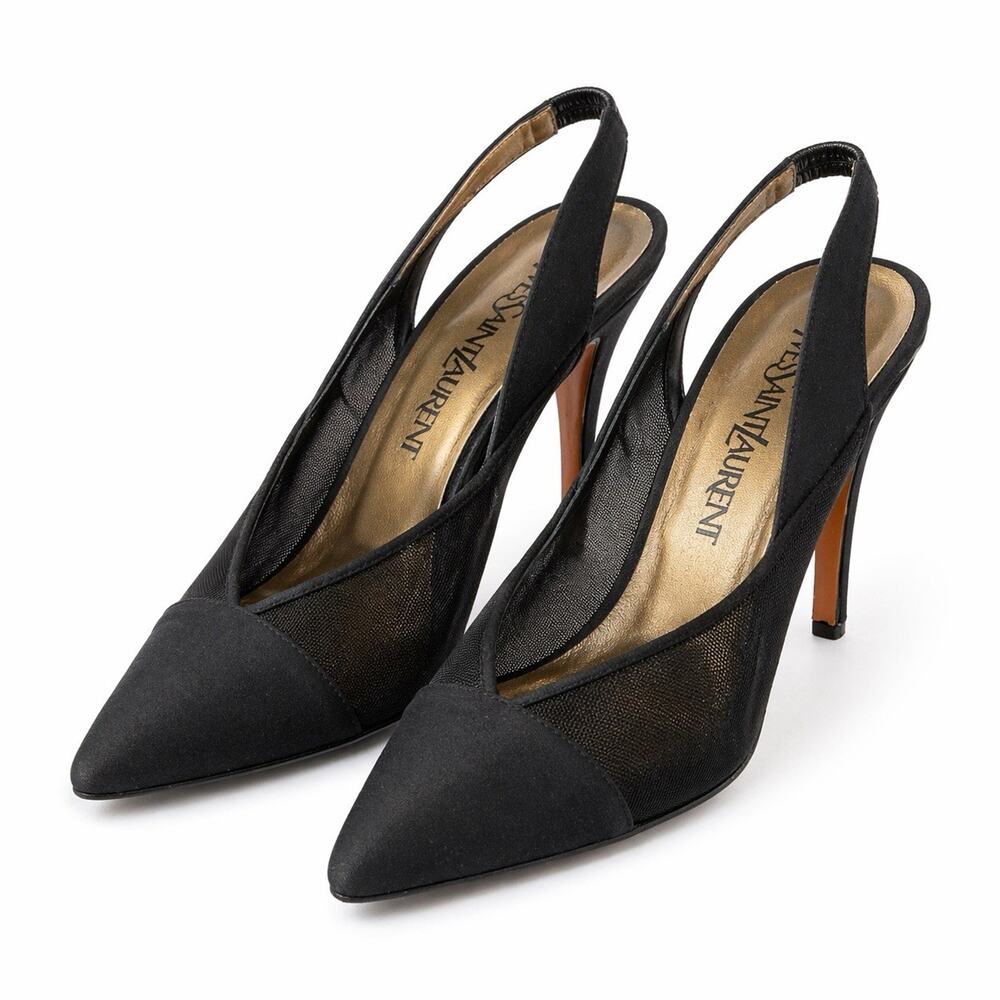 YSL Yves Saint Laurent Black Mesh Slingback Heels Made in Italy Designer Pumps 7